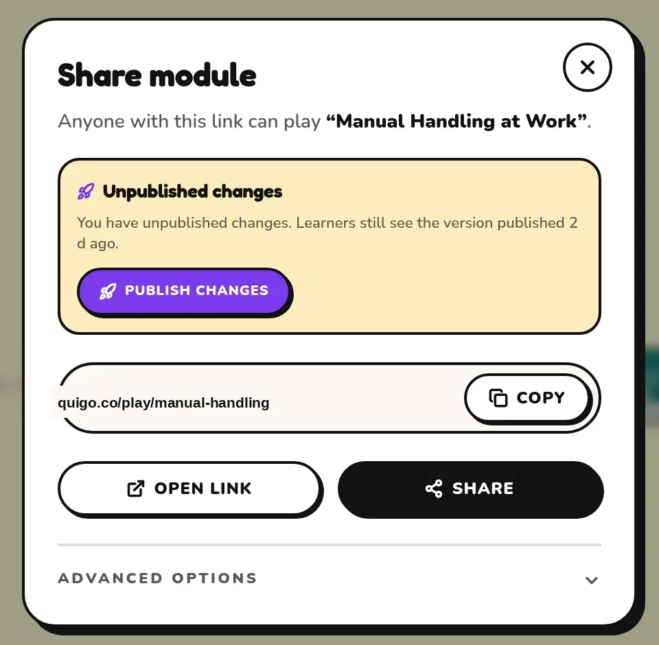 Quigo share dialog