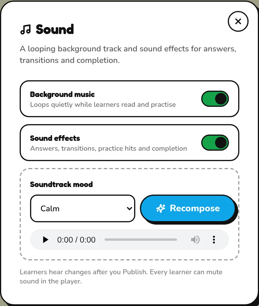 Quigo sound dialog with music, sound effects and soundtrack mood